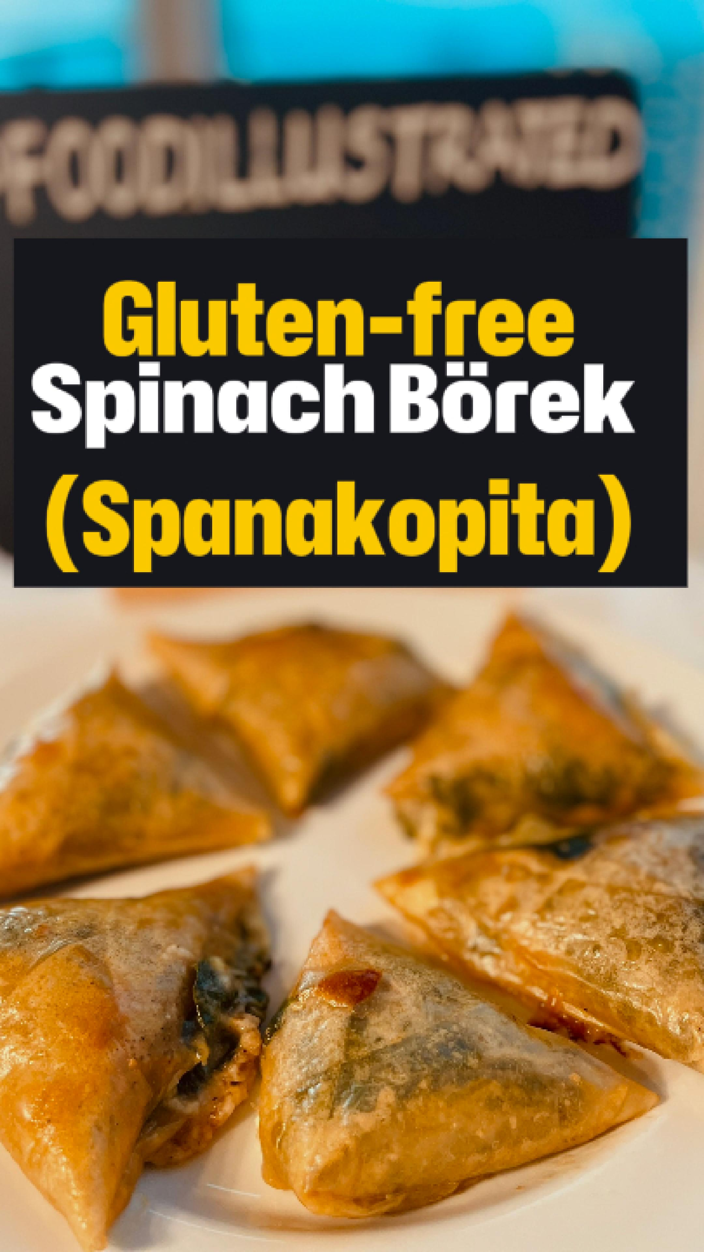 Golden-brown crispy gluten-free spinach börek triangles arranged on a wooden board with a small bowl of tzatziki and a fresh lemon wedge for dipping.
