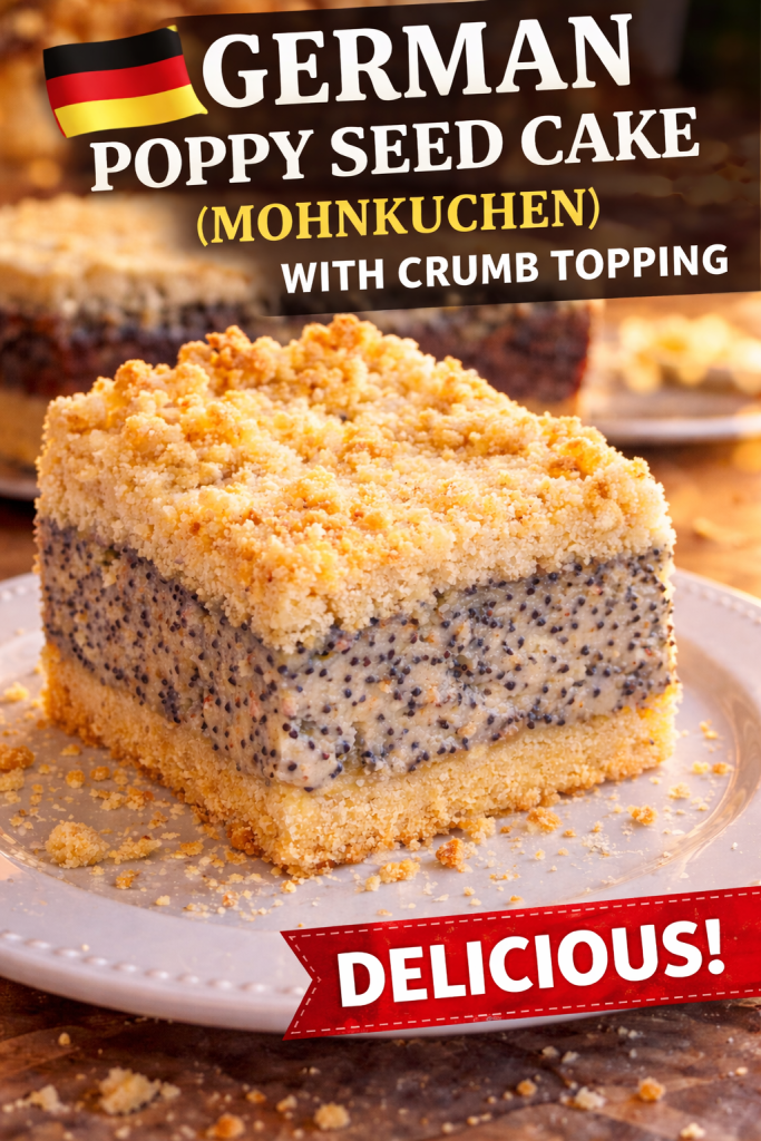German Poppy Seed Cake Mohnkuchen with golden crumb topping on a rustic wooden table, slice removed to show creamy filling.