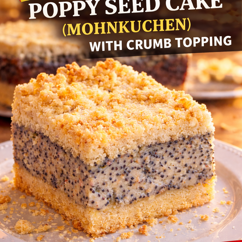 German Poppy Seed Cake Mohnkuchen with golden crumb topping on a rustic wooden table, slice removed to show creamy filling.