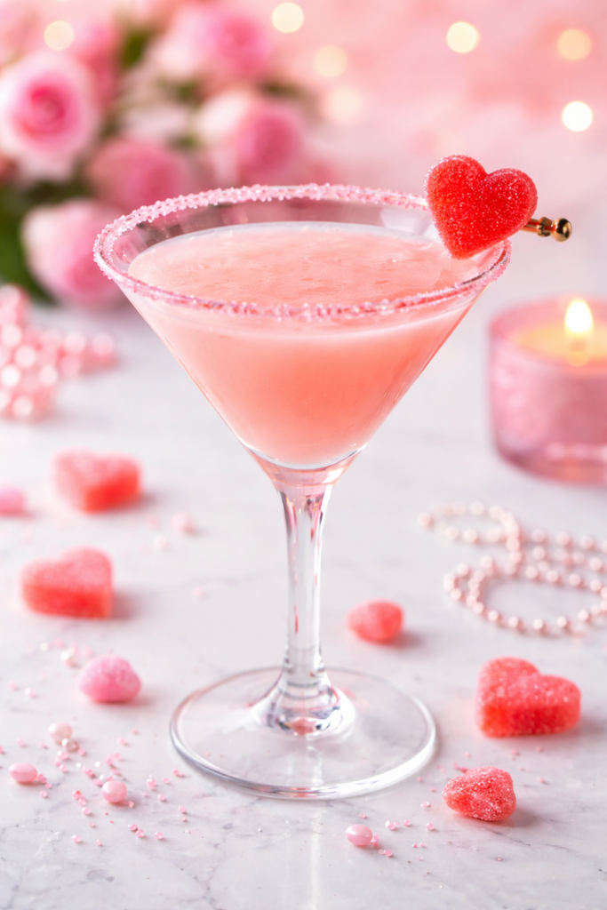 Pink Sweetie Valen-Tini cocktail in a sugar-rimmed martini glass with candy heart gummies, pink sanding sugar rim, cranberry watermelon and Chambord Valentine's Day drink, Food Illustrated