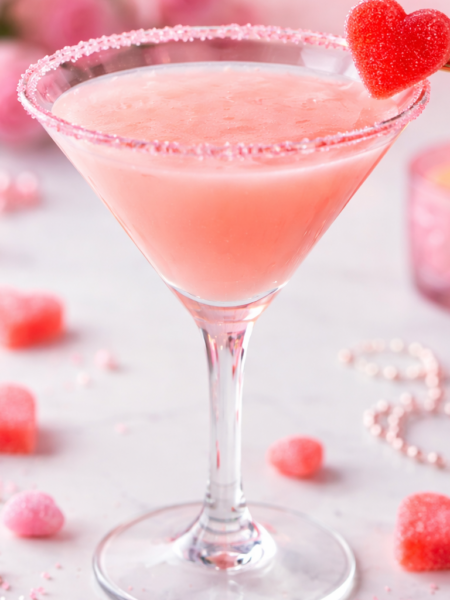 Pink Sweetie Valen-Tini cocktail in a sugar-rimmed martini glass with candy heart gummies, pink sanding sugar rim, cranberry watermelon and Chambord Valentine's Day drink, Food Illustrated