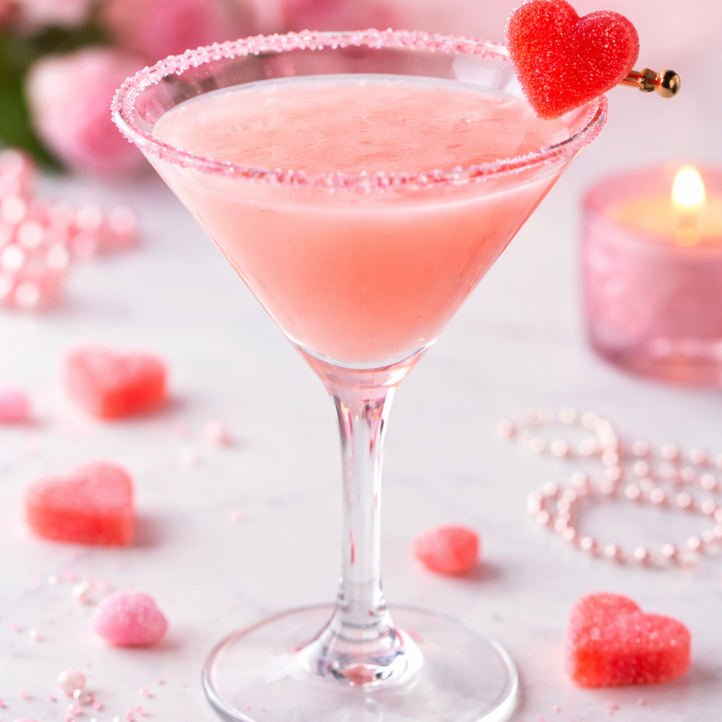 Pink Sweetie Valen-Tini cocktail in a sugar-rimmed martini glass with candy heart gummies, pink sanding sugar rim, cranberry watermelon and Chambord Valentine's Day drink, Food Illustrated