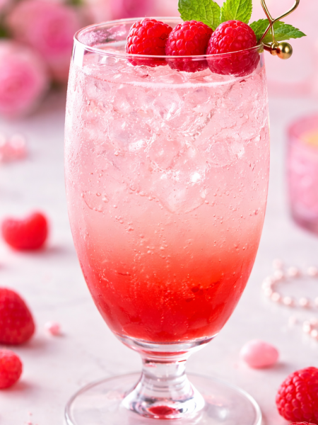 Lovebug Cocktail in a clear glass with ice, white cranberry and grenadine layered sunset effect, fresh raspberry garnish, pink Valentine's Day drink, Food Illustrated