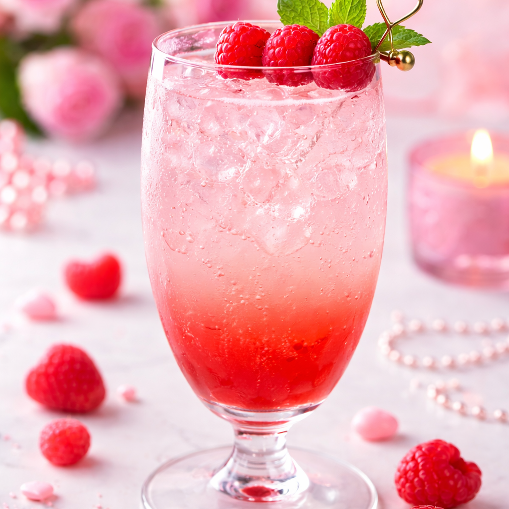 Lovebug Cocktail in a clear glass with ice, white cranberry and grenadine layered sunset effect, fresh raspberry garnish, pink Valentine's Day drink, Food Illustrated