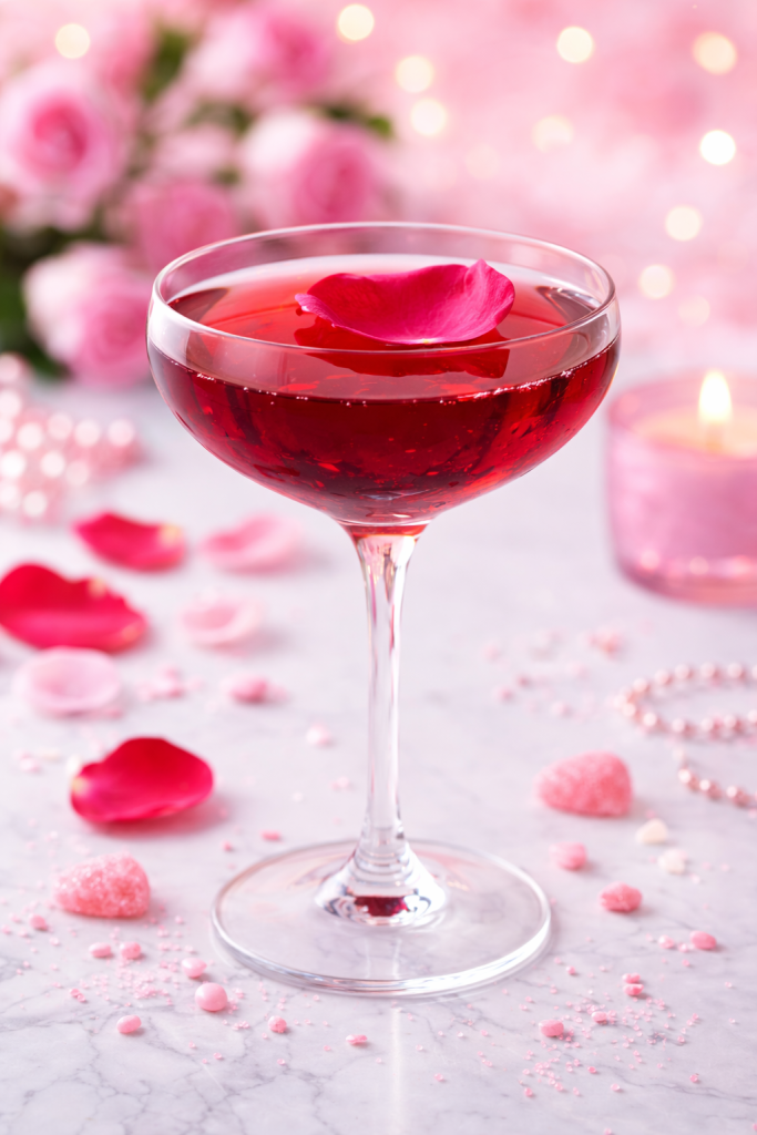 A romantic Hibiscus and Rose "Lover's Rock" cocktail in a chilled coupe glass, featuring a deep red liquid with a single pink rose petal floating on top, set against a dark blurred background with soft candlelight.