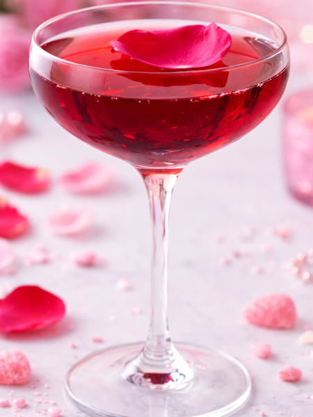 A romantic Hibiscus and Rose "Lover's Rock" cocktail in a chilled coupe glass, featuring a deep red liquid with a single pink rose petal floating on top, set against a dark blurred background with soft candlelight.