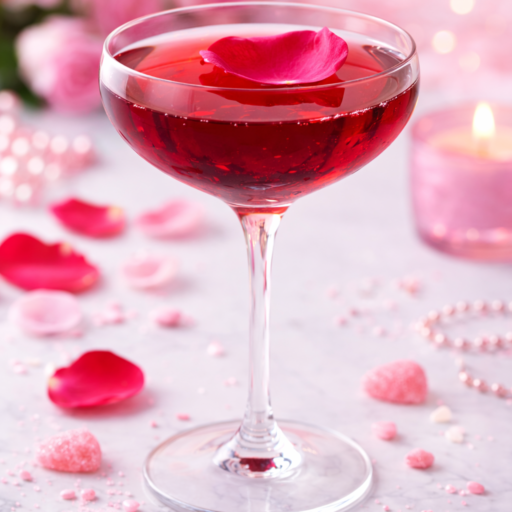 A romantic Hibiscus and Rose "Lover's Rock" cocktail in a chilled coupe glass, featuring a deep red liquid with a single pink rose petal floating on top, set against a dark blurred background with soft candlelight.