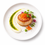Seared scallop appetizer with pea puree and microgreens from Food Illustrated easy gourmet recipe collection