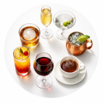 Colorful cocktails and mocktails with fresh fruit and mint on a bar table