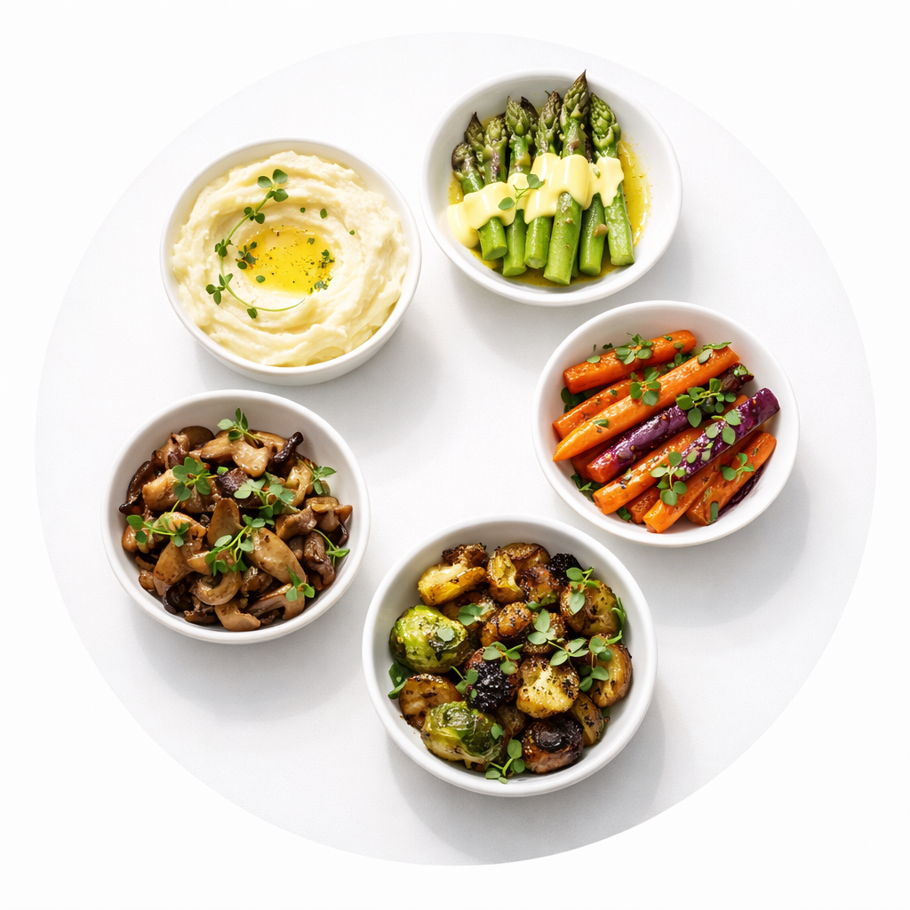 Five side dishes including roasted vegetables, mashed potatoes, rice pilaf, green beans, and dinner rolls