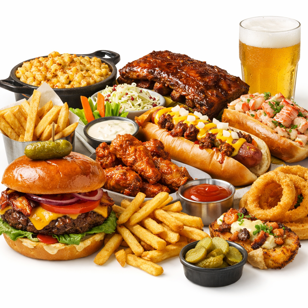 Collection of American food including burger, fries, BBQ ribs, mac and cheese, and apple pie on a wooden table