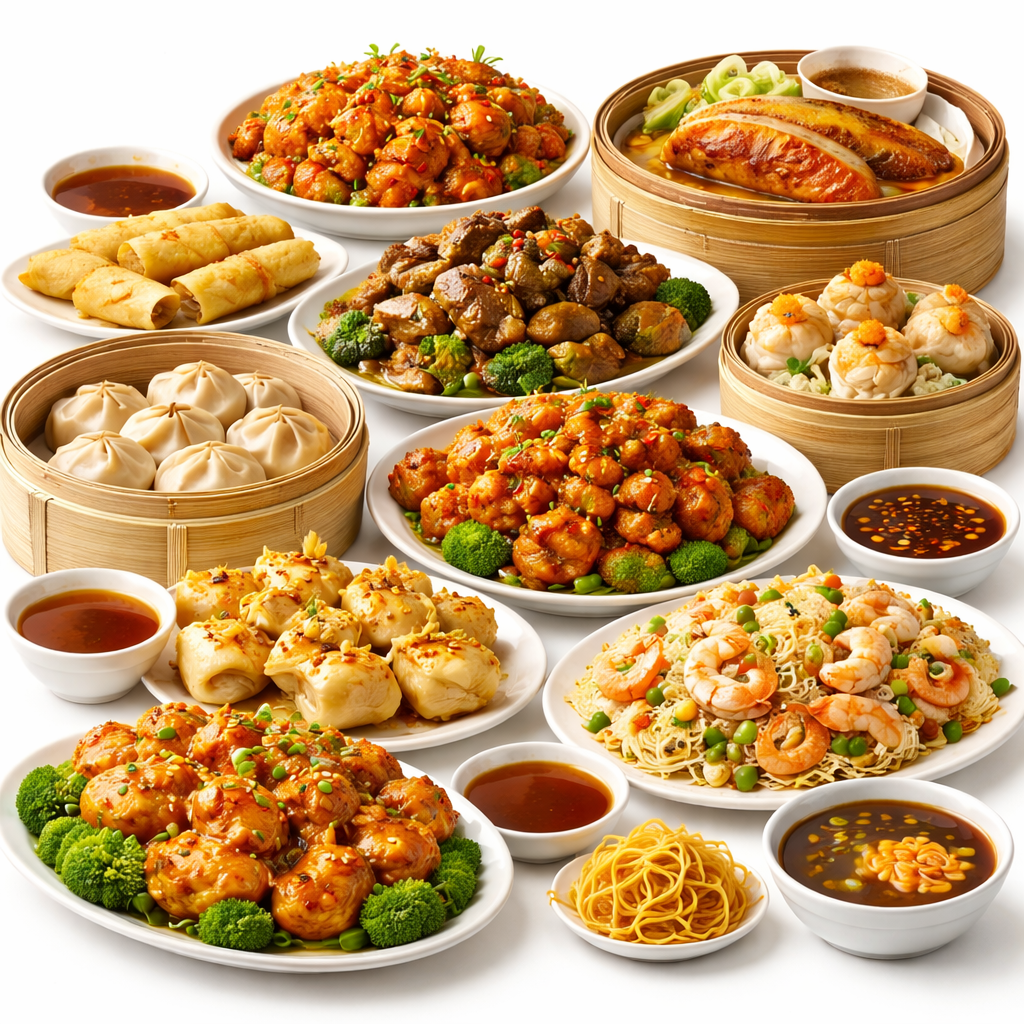 Collection of Chinese food including dumplings, kung pao chicken, spring rolls, fried rice, and mapo tofu on a lazy Susan