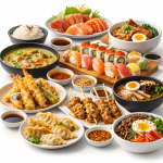 Collection of Asian food including sushi, dumplings, pad thai, curry, and spring rolls on a bamboo mat