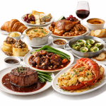 Collection of French food including coq au vin, ratatouille, beef bourguignon, quiche, and crème brûlée on a rustic table