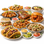 Collection of fusion food including Korean tacos, sushi burrito, naan pizza, ramen burger, and wasabi deviled eggs on a slate board