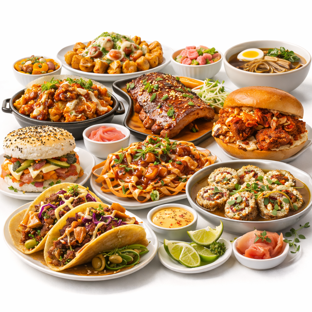 Collection of fusion food including Korean tacos, sushi burrito, naan pizza, ramen burger, and wasabi deviled eggs on a slate board