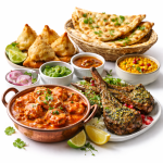 Collection of Indian food including butter chicken, biryani, samosas, naan bread, and gulab jamun on a copper tray