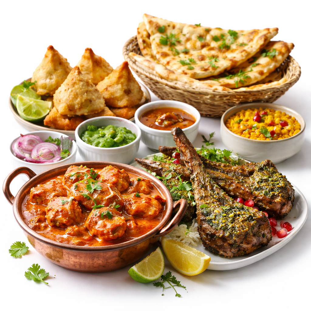 Collection of Indian food including butter chicken, biryani, samosas, naan bread, and gulab jamun on a copper tray
