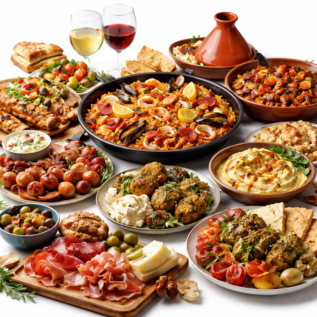 Collection of international food including tacos, pasta, curry, sushi, and paella on a world map table runner