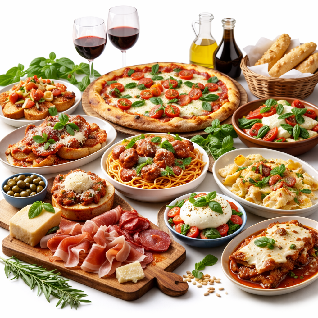 Collection of Italian food including pasta, pizza, lasagna, risotto, and tiramisu on a rustic wooden table