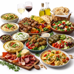 Collection of Mediterranean food including Greek salad, hummus, falafel, gyros, and baklava on a ceramic platter