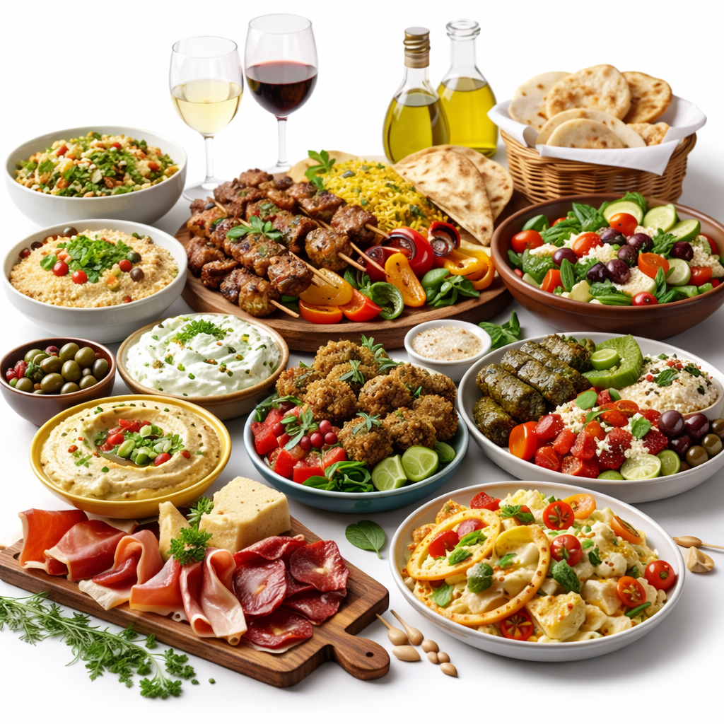 Collection of Mediterranean food including Greek salad, hummus, falafel, gyros, and baklava on a ceramic platter