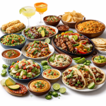 Collection of Mexican food including tacos, guacamole, enchiladas, salsa, and churros on a colorful table