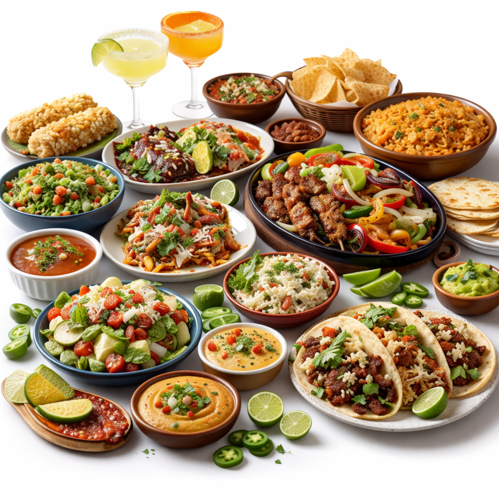 Collection of Mexican food including tacos, guacamole, enchiladas, salsa, and churros on a colorful table