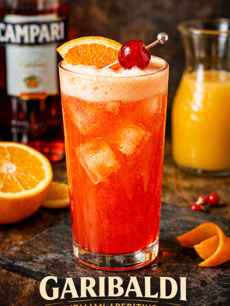 Garibaldi cocktail in a tall highball glass with fluffy orange foam, fresh orange wedge garnish, and vibrant red Campari hue, styled as a gourmet Italian aperitivo.