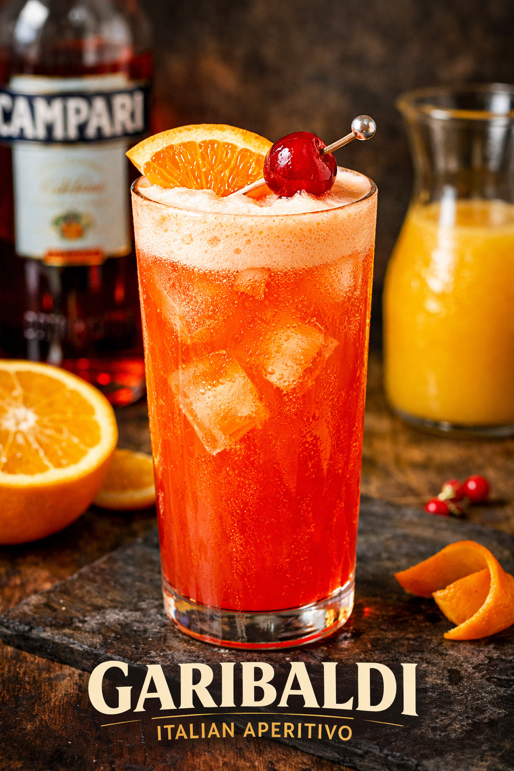Garibaldi cocktail in a tall highball glass with fluffy orange foam, fresh orange wedge garnish, and vibrant red Campari hue, styled as a gourmet Italian aperitivo.