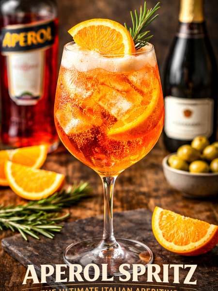 Aperol Spritz cocktail in a large wine glass with ice, orange slice garnish, and fresh mint, served with olives and Prosecco in a bright Italian aperitivo setting.