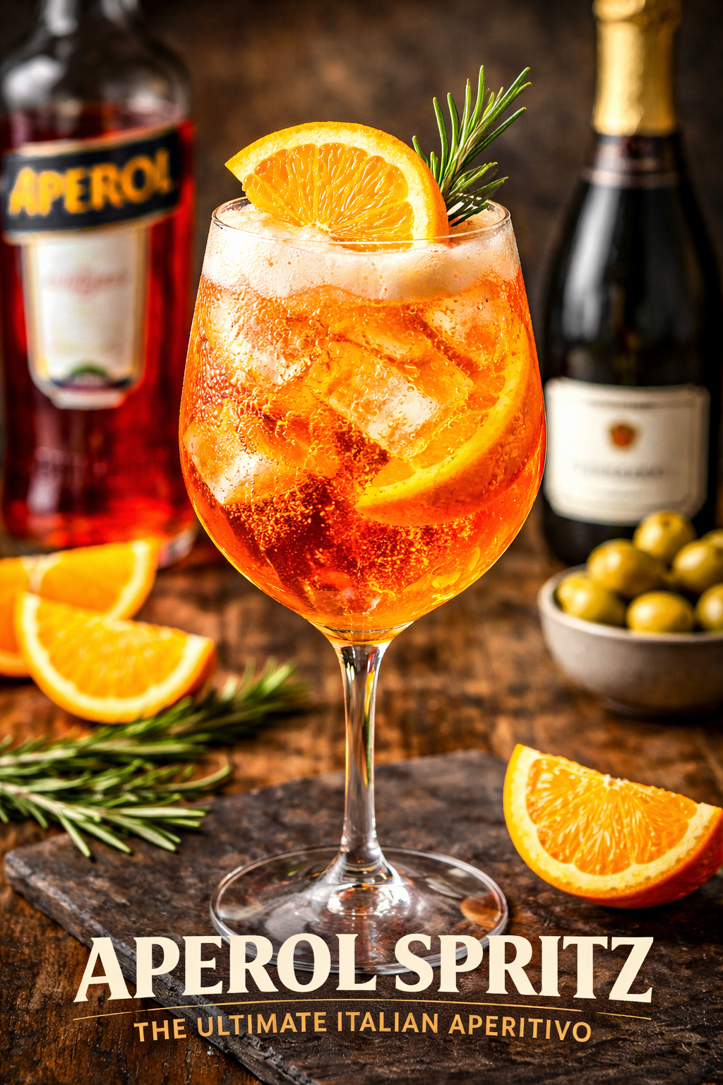 Aperol Spritz cocktail in a large wine glass with ice, orange slice garnish, and fresh mint, served with olives and Prosecco in a bright Italian aperitivo setting.