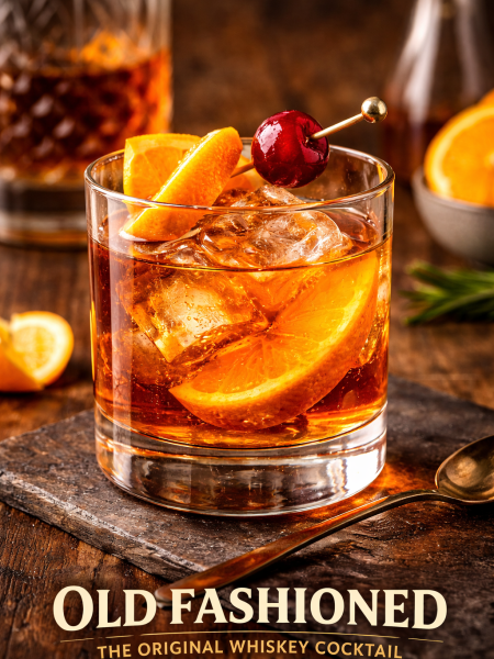 Old Fashioned cocktail in a rocks glass with large ice cubes, orange peel garnish, and cherry, showcasing the original whiskey cocktail on a rustic bar setting.