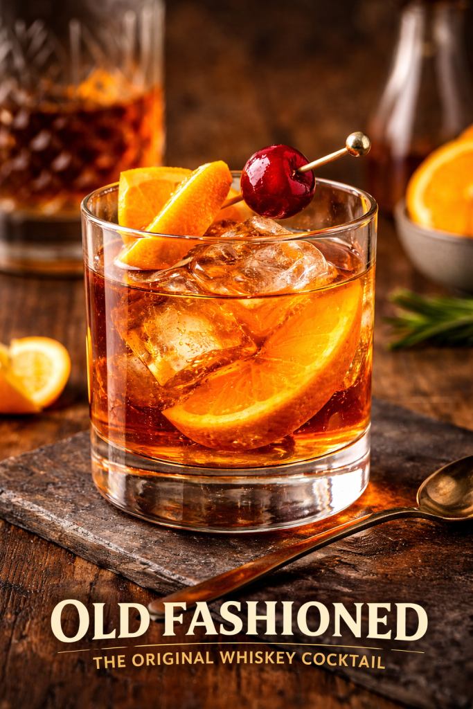 Old Fashioned cocktail in a rocks glass with large ice cubes, orange peel garnish, and cherry, showcasing the original whiskey cocktail on a rustic bar setting.