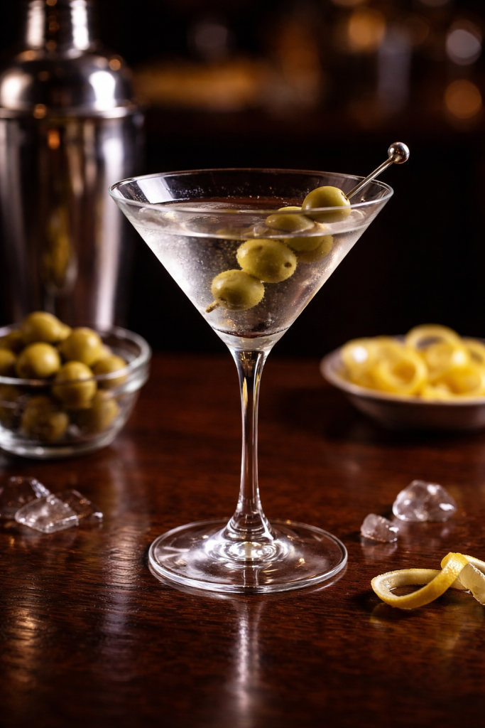 Classic dry martini cocktail in a chilled martini glass garnished with green olives on a wooden bar with cocktail shaker and lemon twist