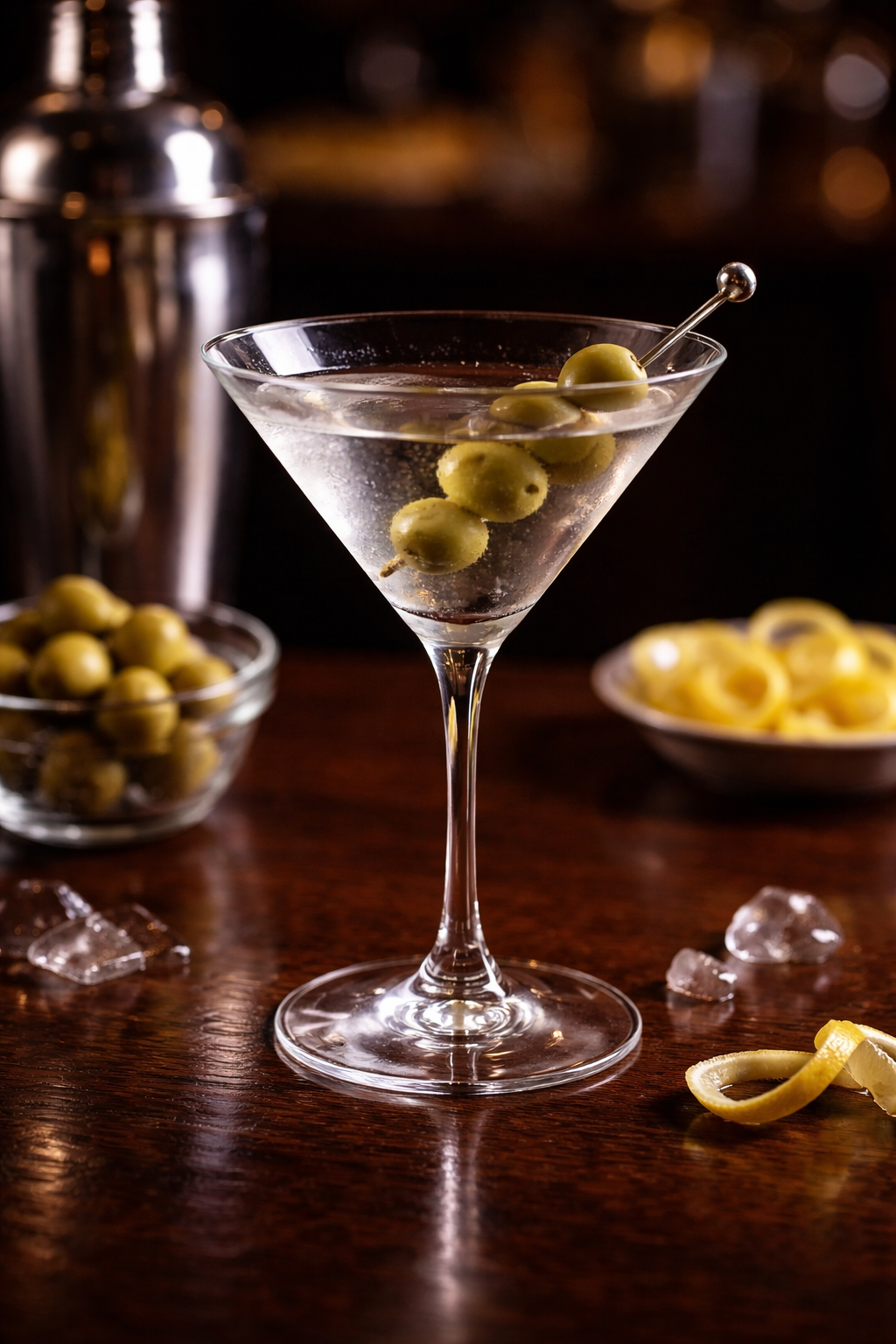 Classic dry martini cocktail in a chilled martini glass garnished with green olives on a wooden bar with cocktail shaker and lemon twist