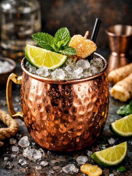 Classic Moscow Mule cocktail in a frosty copper mug garnished with a lime wedge and fresh mint against a dark wooden background.