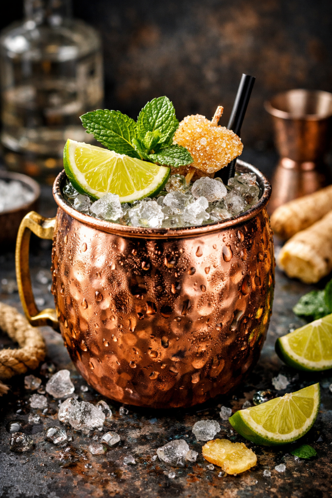Classic Moscow Mule cocktail in a frosty copper mug garnished with a lime wedge and fresh mint against a dark wooden background.