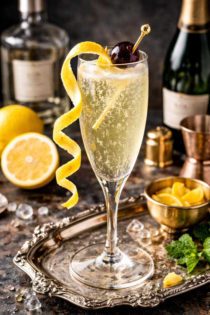 French 75 cocktail in champagne flute with lemon twist and cherry garnish on silver tray with fresh lemons and bar tools