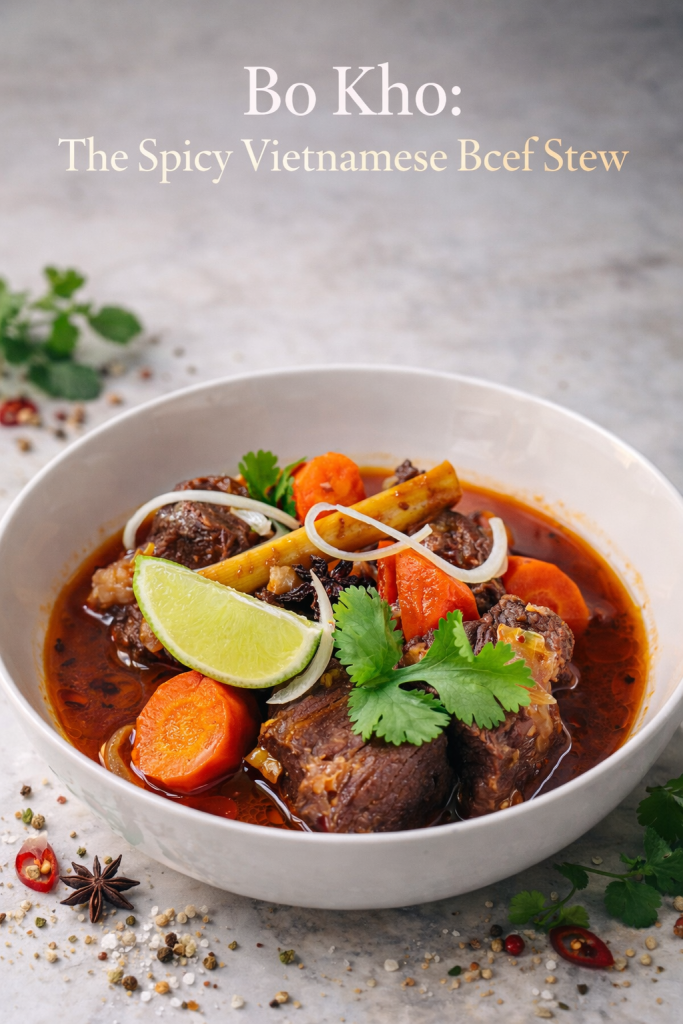 Steam rising from a bowl of Vietnamese Bo Kho beef stew with rice noodles, topped with fresh cilantro and Thai basil