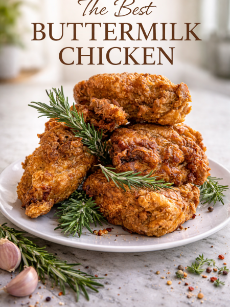 Plate of golden brown rosemary buttermilk fried chicken with fresh rosemary sprig garnish