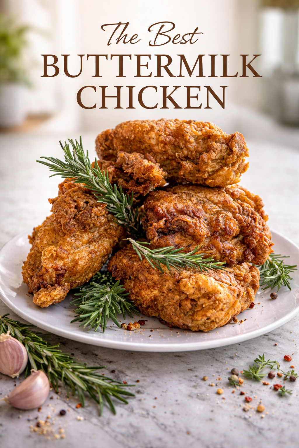 Plate of golden brown rosemary buttermilk fried chicken with fresh rosemary sprig garnish
