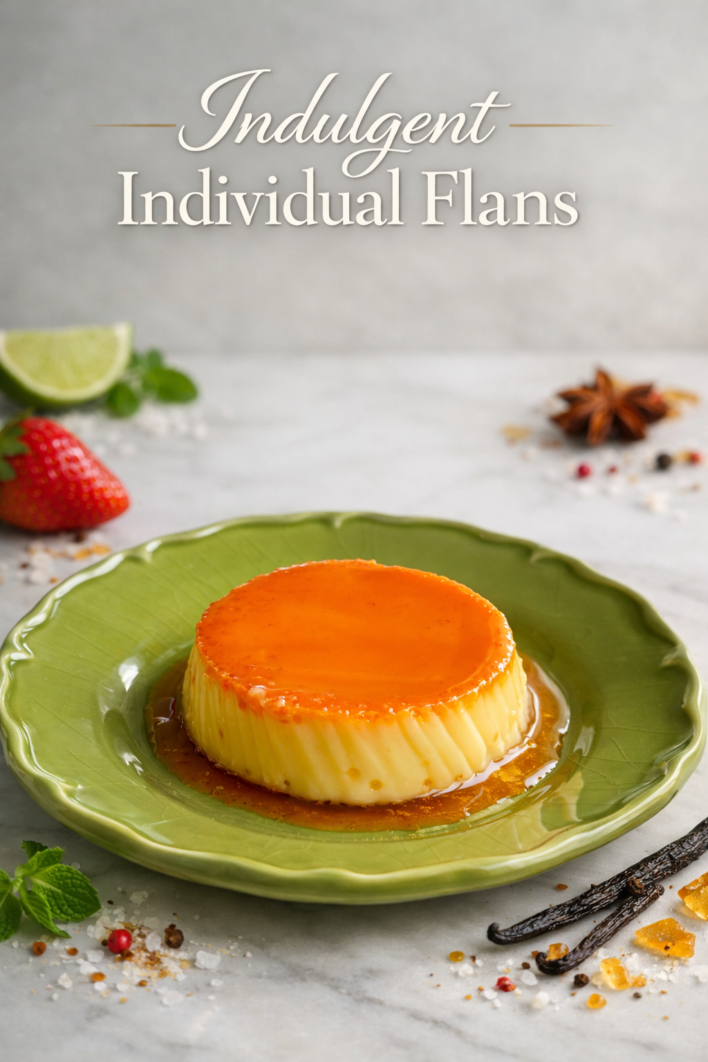 Perfectly unmolded individual flan on a white dessert plate with rich amber caramel pooling around the base