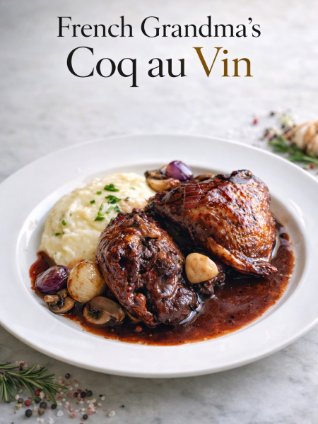 Glossy coq au vin with braised chicken thighs, pearl onions, and mushrooms in a rich red wine sauce, garnished with fresh parsley in a cast iron Dutch oven.