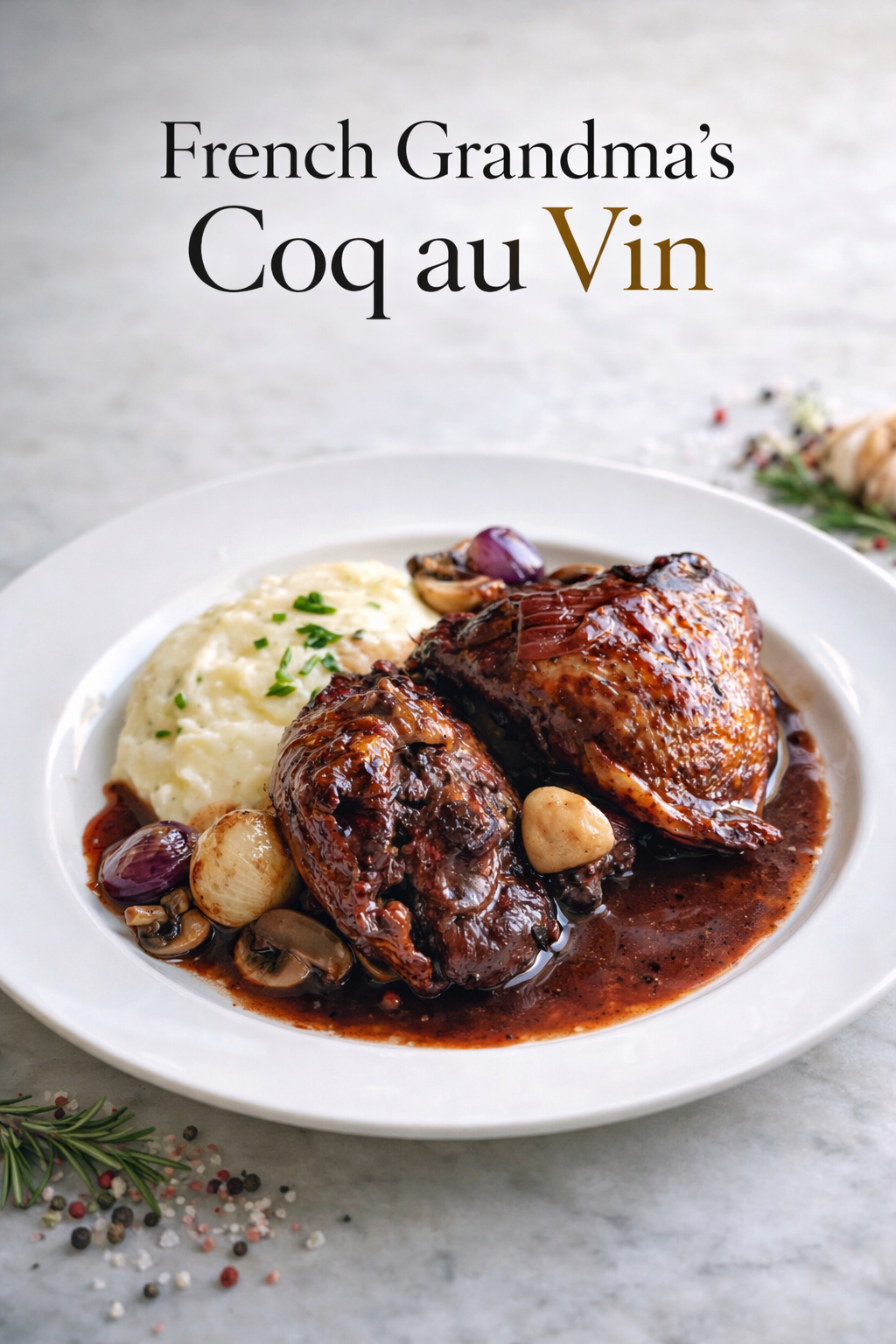 Glossy coq au vin with braised chicken thighs, pearl onions, and mushrooms in a rich red wine sauce, garnished with fresh parsley in a cast iron Dutch oven.