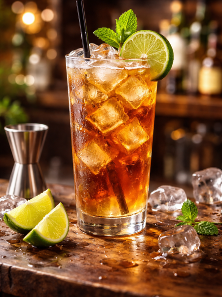 Long Island Iced Tea cocktail in a tall highball glass with ice cubes, lime wheel, mint sprig, and straw on a rustic bar counter.