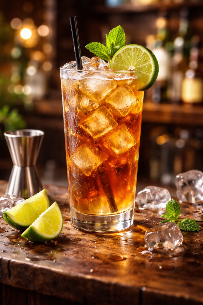 Long Island Iced Tea cocktail in a tall highball glass with ice cubes, lime wheel, mint sprig, and straw on a rustic bar counter.