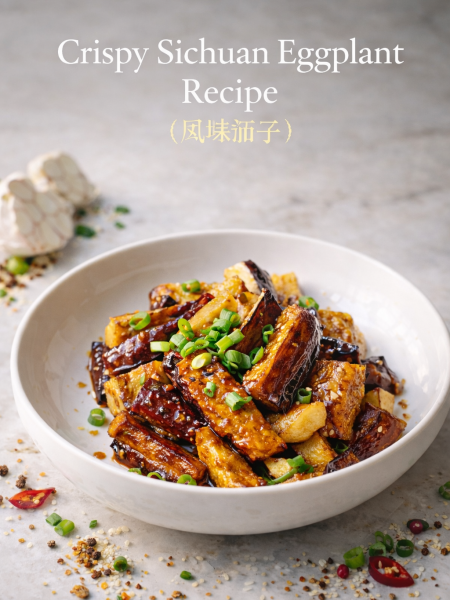 Crispy Sichuan eggplant (风味茄子) plated in a white bowl on marble background with green onions and scattered spices, vertical food photography.