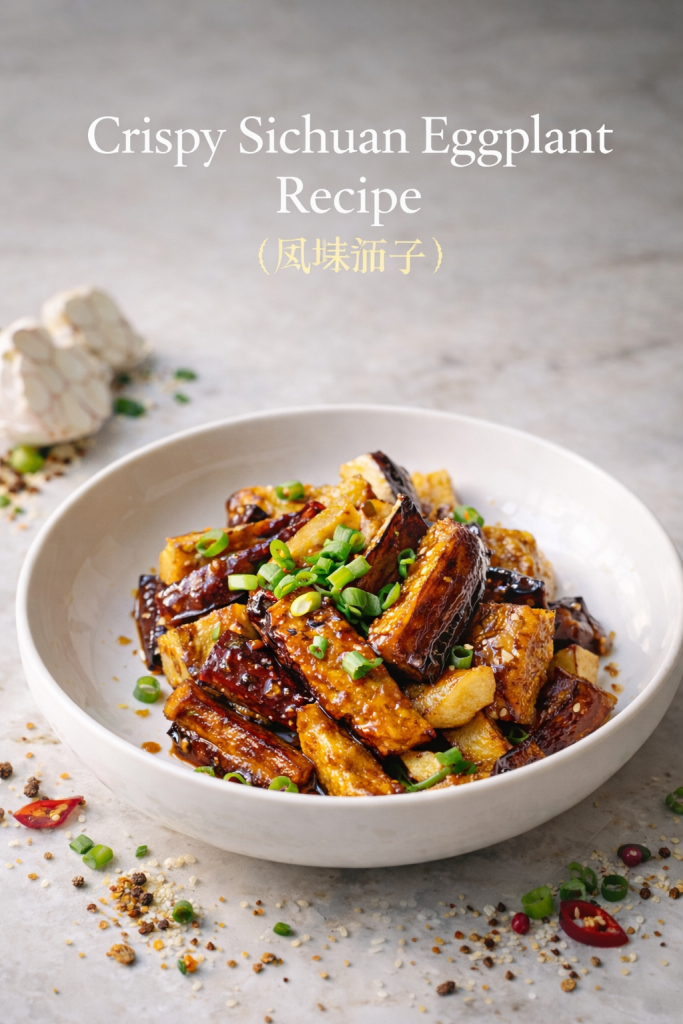 Crispy Sichuan eggplant (风味茄子) plated in a white bowl on marble background with green onions and scattered spices, vertical food photography.