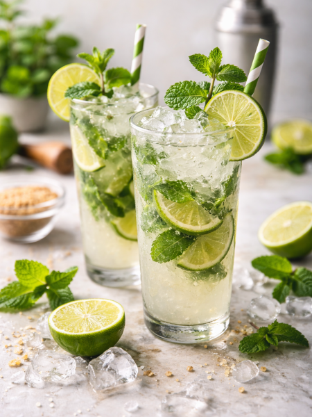Fresh mojito cocktail in tall glass with lime slices, mint leaves, and crushed ice on marble surface, vertical 9:16 drink photography.